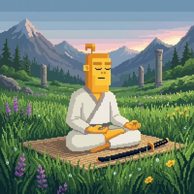 Pixel art of a golden block-headed character meditating in white robes in a mountain meadow, with a sword lying beside them.