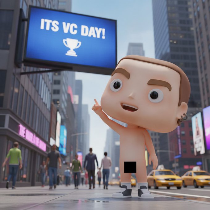 A 3D-rendered cartoon character with a large head and small body, wearing just socks and shoes with a censored area, pointing toward a billboard that reads 'ITS VC DAY!' with a trophy icon in a city setting.