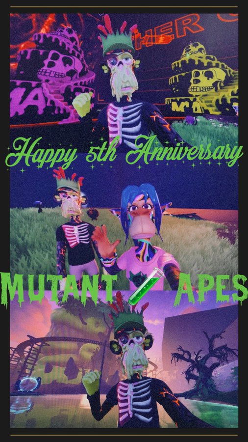 A vertical collage celebrating the 'Mutant Apes' NFT collection with skeleton-themed ape characters and text reading 'Happy 5th Anniversary MUTANT APES'.