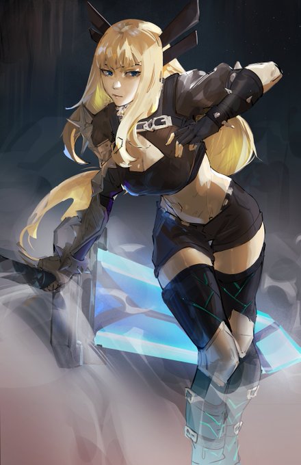 An anime-style illustration features a blonde-haired female character with a dark bow in her hair, posing confidently in a black leather crop top, shorts, and thigh-high boots against a futuristic backdrop with glowing blue light, reimagined as the Marvel mutant Magik to celebrate the release of "Tokon."