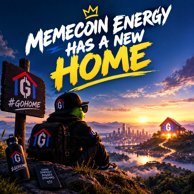A promotional graphic titled 'MEMECOIN ENERGY HAS A NEW HOME' features a green-faced figure with a 'G' logo overlooking a city, with '#GOHOME' signage visible.