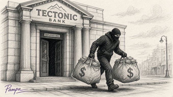 A pencil sketch depicts a masked burglar carrying two large money bags marked with dollar signs away from the 'TECTONIC BANK' through an 'EMPLOYEES ONLY' door, signed 'Pampa'.