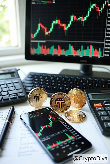 A crypto trading setup featuring a monitor and smartphone displaying candlestick charts, with gold Pi Network coins on the desk and a '@CryptoDiva' watermark.