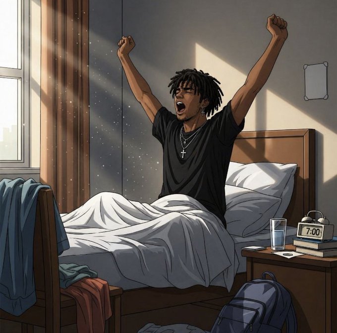 An anime-style illustration of a young man with dreadlocks stretching and yawning in bed at 7:00, with sunlight streaming through a nearby window.
