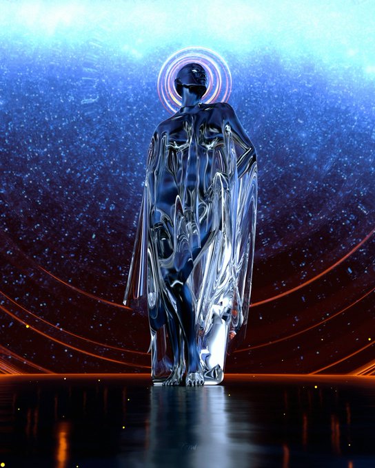 A digital artwork of a chrome humanoid figure with a glowing circular halo, standing against a cosmic blue background with orange light streaks.