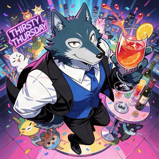 A colorful anime-style illustration for 'THIRSTY THURSDAY' featuring an anthropomorphic wolf in a vest and tie holding a vibrant cocktail, surrounded by smaller chibi animal characters and neon-lit cityscape.