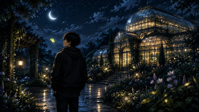 An anime-style illustration depicts a figure in a black hoodie viewed from behind, standing on a wet stone path looking toward a glowing glass greenhouse at night under a crescent moon.