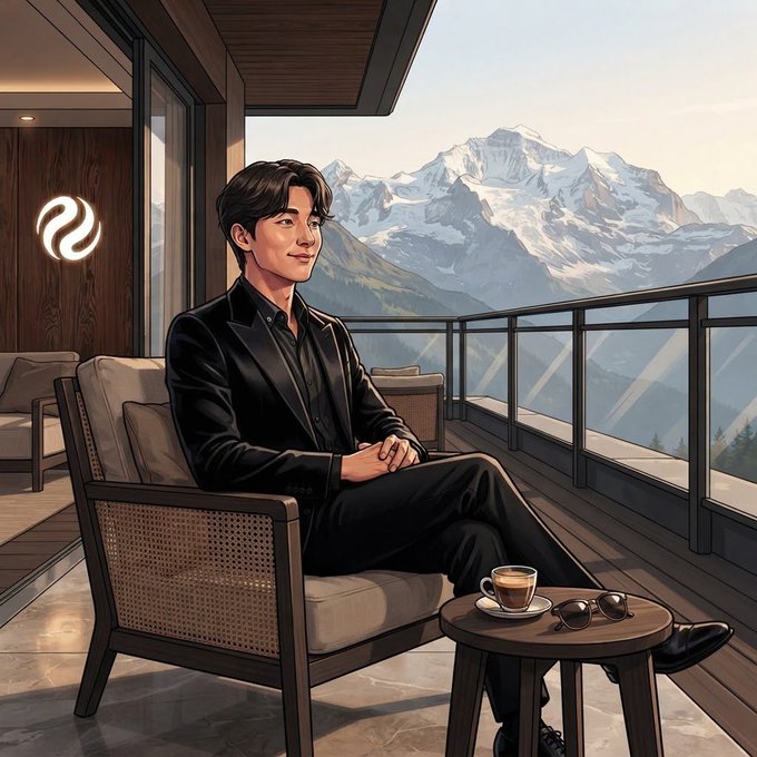 A digital illustration of a man in a black suit relaxing in a chair on a balcony with a stunning view of snow-capped mountains, with a coffee cup and sunglasses on the table beside him.