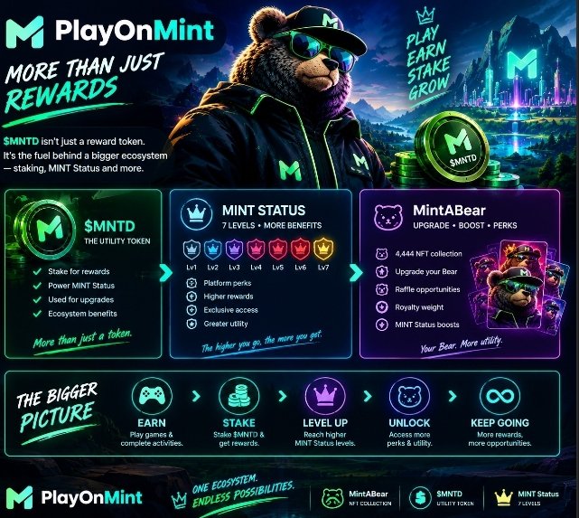 A promotional infographic for 'PlayOnMint' featuring a bear mascot in sunglasses, explaining the $MNTD utility token, MINT STATUS with 7 levels, and the MintABear NFT collection.