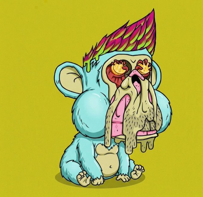 A stylized cartoon illustration of a light blue monkey with a colorful mohawk, bleeding coin eyes, and a melting face on a yellow background.