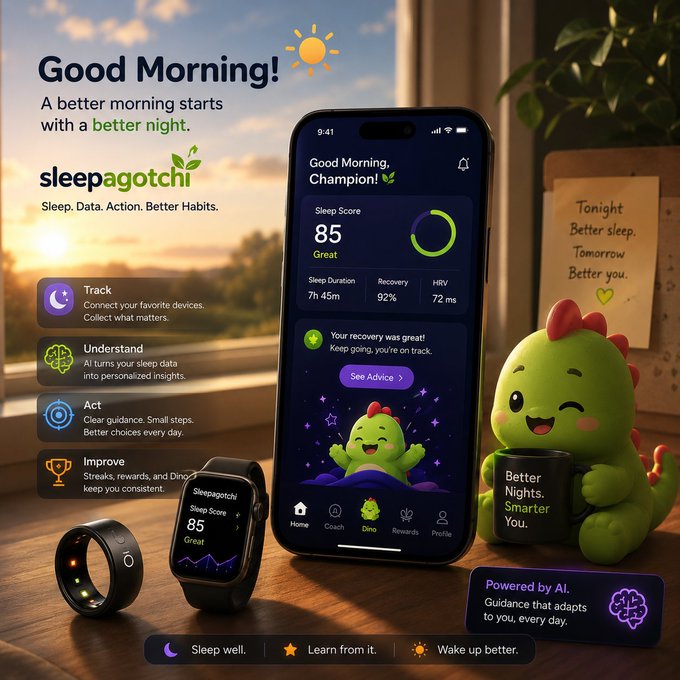 A promotional graphic for the 'sleepagotchi' app featuring the tagline 'A better morning starts with a better night' and showing a phone interface with a sleep score of 85, alongside a smart ring, smartwatch, and a cartoon dinosaur character.
