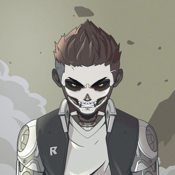 An illustrated character with spiky brown hair, a skull-like painted face, yellow glowing eyes, and a vest marked with 'R' against a gray cloudy background.