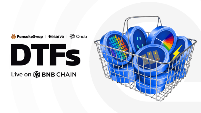 A promotional graphic featuring a shopping basket filled with blue token icons, with text reading "PancakeSwap | Reserve | Ondo," "DTFs," and "Live on BNB CHAIN," visually representing the concept of decentralized token funds as baskets of tokenized assets.