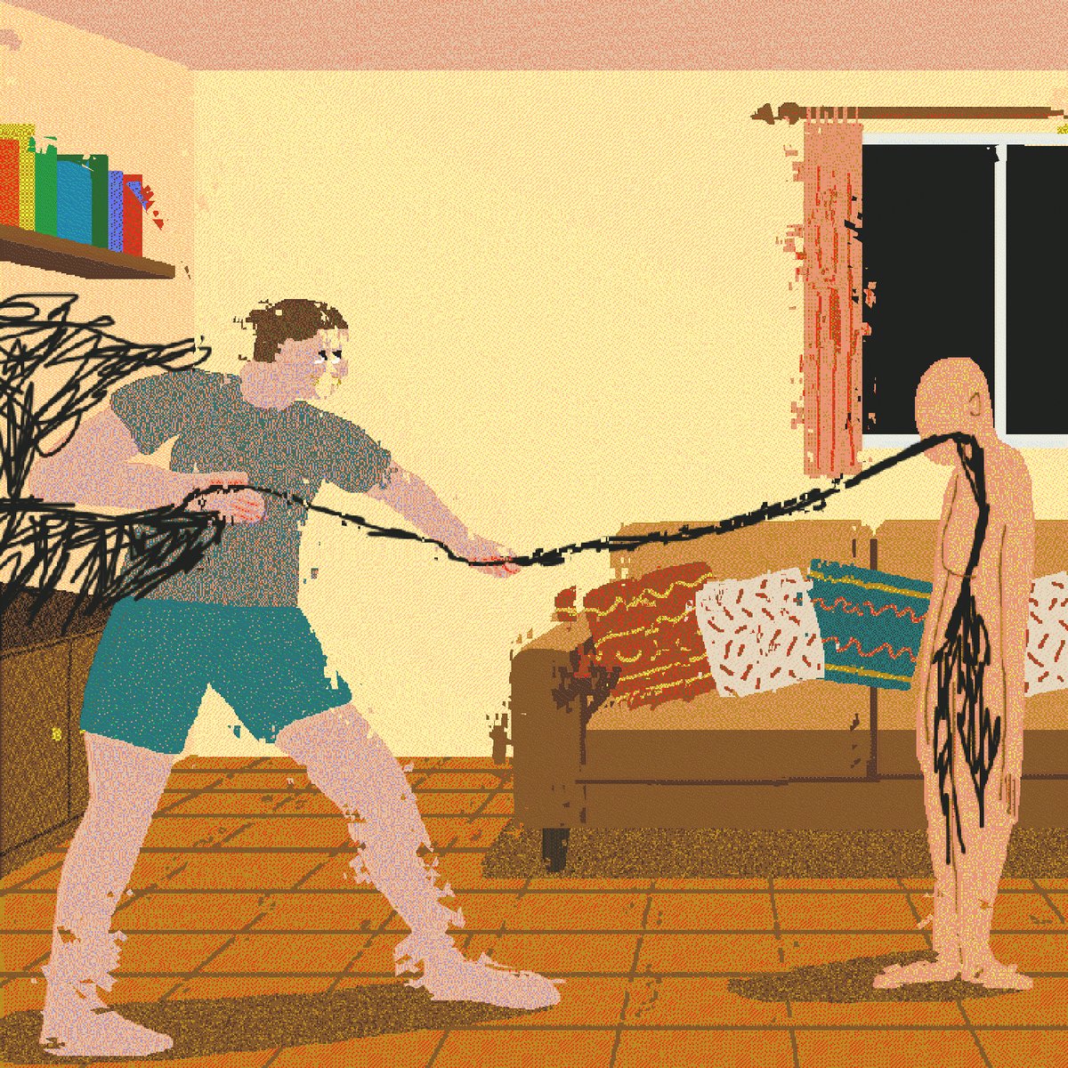 The image features a man holding onto a rope, with another person standing next to him. They are both wearing shorts, which suggests that they might be indoors or in a casual setting. The room has a couch placed against one wall, indicating that this scene takes place inside someone's home. The post reads "Please pull my sadness 10/10 50 XTZ", which could possibly be an art project or a social media post related to the image of the man and the other person.

The overall atmosphere seems to be lighthearted and humorous, as if the man is trying to pull off some kind of prank or joke on the other person. The presence of books in the room also adds to the casual and relaxed setting.