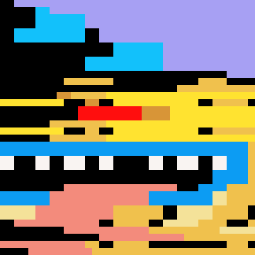A pixel art image depicting a stylized beach scene with a blue ocean, yellow sand, and abstract shapes.