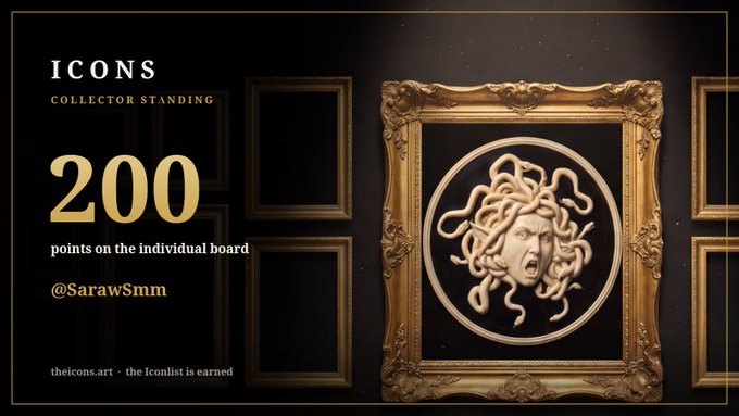 Promotional graphic for "ICONS COLLECTOR STANDING" at theicons.art, awarding 200 points on the individual board, featuring an ornate gold frame containing the Medusa icon with the handle @SarawSmm.