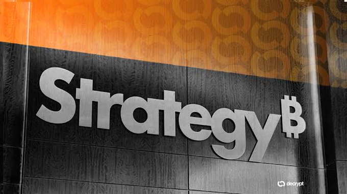 A close-up of a 'Strategy$' logo on a textured background, with a Decrypt watermark in the corner.
