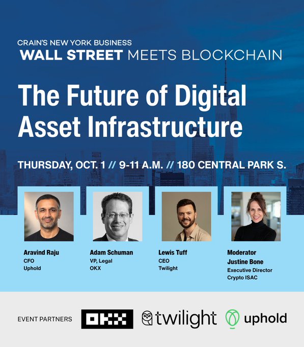 A promotional graphic for the "Wall Street Meets Blockchain" event hosted by Crain's New York Business, featuring speakers Aravind Raju (CFO of Uphold), Adam Schuman (VP, Legal at OKX), Lewis Tuff (CEO of Twilight), and moderator Justine Bone (Executive Director of Crypto ISAC), taking place Thursday, Oct. 1 from 9-11 A.M. at 180 Central Park S. The post highlights Aravind Raju as one of the featured speakers discussing the future of digital asset infrastructure and institutional finance shifting onchain.