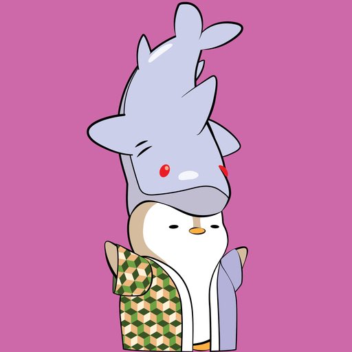 A cute cartoon illustration on a pink background depicting a small character wearing a traditional patterned green and brown kimono, topped with a large blue creature resembling a dolphin or whale on its head.