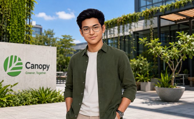 A young man with glasses and dark hair stands in front of a sign reading 'Canopy Greener. Together.' wearing a green button-up shirt over a white t-shirt.