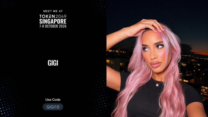 A promo for TOKEN2049 Singapore (7–8 October 2026) featuring Gigi, with code GIGI10 offering 10% off. It supports her announcement that she’ll be attending the event and prioritizing in-person conversations, which have led to relationships and partnerships.