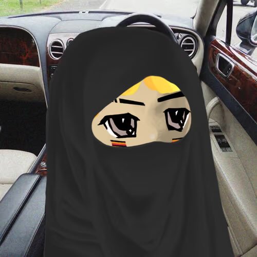 An anime-style character with large expressive eyes peeking through a black niqab-like covering, photoshopped into the interior of a luxury car.