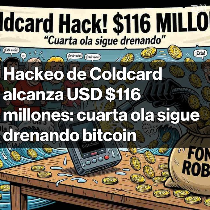 A Spanish-language news graphic titled 'Hackeo de Coldcard alcanza USD $116 millones: cuarta ola sigue drenando bitcoin' about a $116 million Coldcard crypto wallet hack draining bitcoin.