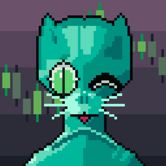 A pixel art cyan alien with one large green eye winks and sticks out its pink tongue against a dark purple background with green candlestick chart bars, symbolizing the speculative crypto purchase described in the post about buying an alien NFT character project during a price dip.