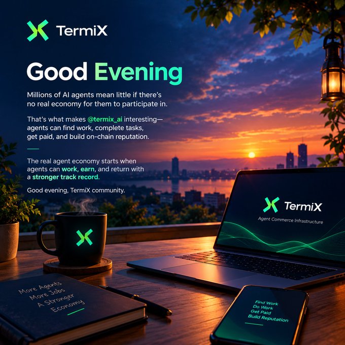 A promotional graphic for 'TermiX' featuring a sunset cityscape, a laptop displaying 'TermiX Agent Commerce Infrastructure', a coffee mug with the TermiX logo, and text reading 'Good Evening' discussing AI agents, work, and earning.