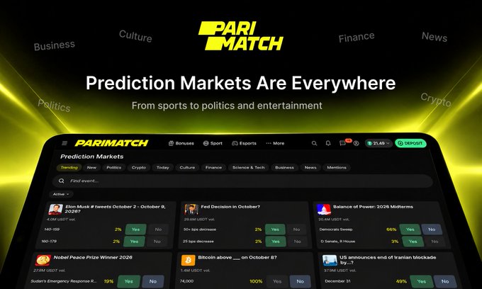 A promotional banner for Parimatch featuring the headline 'Prediction Markets Are Everywhere - From sports to politics and entertainment', showing a dark-themed dashboard interface with prediction events including 'Elon Musk if tweets October 2 - October 8', 'Fed Decision in October?', 'Balance of Power: 2026 Midterms', 'Nobel Peace Prize Winner 2026', 'Bitcoin above ___ on October 8?', and 'US announces end of Iranian blockade by...?'