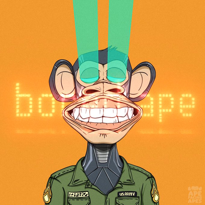 A stylized cartoon ape with a wide grin wears a U.S. Army uniform and teal sunglasses, set against an orange background displaying the text "borappa" in LED-style lettering. The "Ape Facing Apes" branding in the corner reinforces the founder identity, presenting the character as a leader figure for the Bored Ape community.