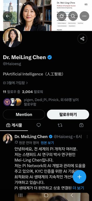 The image shows a Twitter/X profile for "Dr. MeiLing Chen" (@Haioesg) that claims expertise in "PI Artificial Intelligence (人工智能)" and lists 11 followers and 2,004 posts. The accompanying tweet highlights concerns that this account uses AI-generated images and falsely claims involvement with Pi, warning followers it will likely start promoting "GCV" or other suspicious schemes, with the tweet including hashtags #pi #pinetwork #piscam and Korean tags #파이 #파이코인 #nogcv.