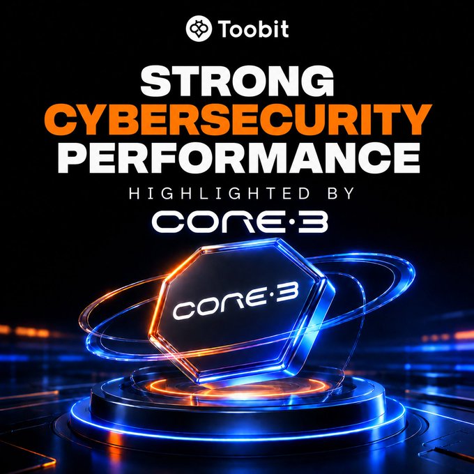 A promotional graphic for Toobit highlighting 'STRONG CYBERSECURITY PERFORMANCE' with a glowing 3D hexagonal 'CORE:3' logo on a neon blue and orange platform.