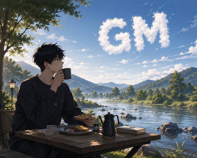 An anime-style illustration depicts a young man with dark hair drinking from a mug at a wooden table set with breakfast items, set against a serene river and mountain landscape, while the sky forms the word "gQuip" in clouds. The image visually ties to the post by branding the "gQuip Fam" message with a calm, contemplative scene that reinforces the thoughtful approach of building upon existing cryptography rather than replacing it entirely.