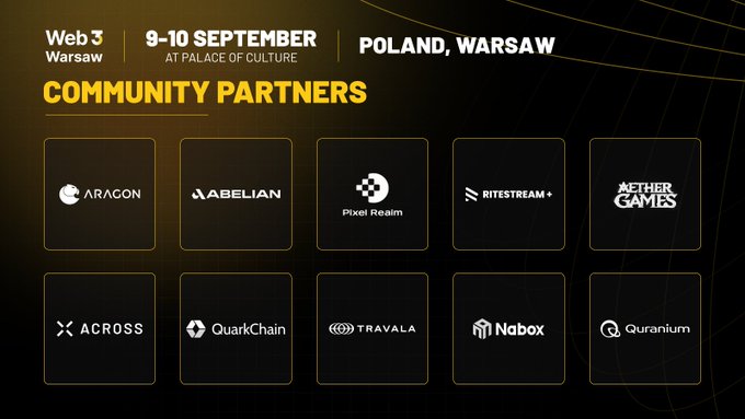 Promotional graphic for 'Web 3 Warsaw' event on 9-10 September at Palace of Culture in Poland, Warsaw, listing 'COMMUNITY PARTNERS' including Aragon, Abelian, Pixel Realm, Ritestream, Aether Games, Across, QuarkChain, Travala, Nabox, and Quranium.
