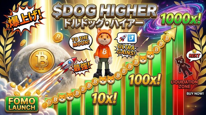 Promotional graphic for "$DOG HIGHER" featuring a Shiba Inu mascot in a Bitcoin hoodie, advertising gains of 10x, 100x, and 1000x with text like "FOMO LAUNCH," "ULTRA GAINS," and "LIQUIDATION ZONE."