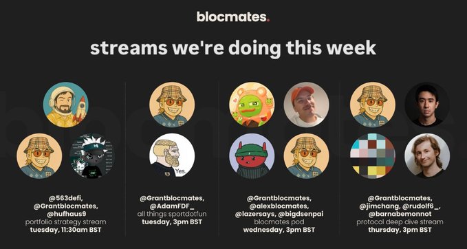 ids/blocmates/streams-we-are-doing-this-week is a list of six cartoon faces, each with a unique expression and color scheme, arranged in two rows against a black background.