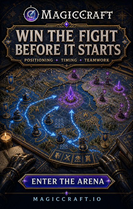 A promotional poster for MagicCraft game with the tagline 'WIN THE FIGHT BEFORE IT STARTS' emphasizing positioning, timing, and teamwork, featuring a fantasy battle map with a 'ENTER THE ARENA' button and the URL MAGICRAFT.IO.