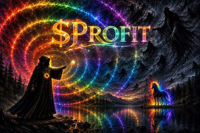 A vibrant fantasy artwork featuring a wizard casting a colorful spell creating the word '$PROFIT' in rainbow letters, with a glowing unicorn and dark figures in the background.