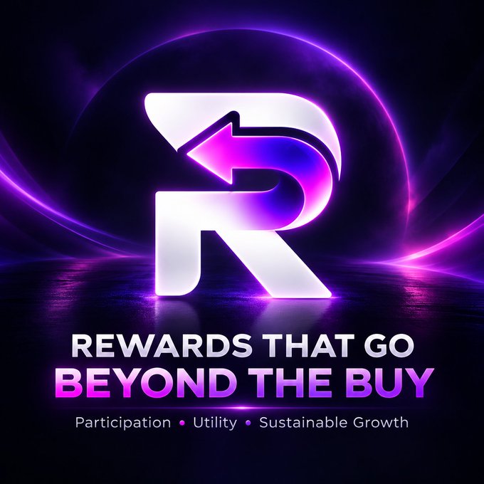 A neon purple-and-white promotional graphic features a stylized “R” logo with a looping arrow and the text: “REWARDS THAT GO BEYOND THE BUY” and “Participation • Utility • Sustainable Growth.” It visually reinforces the post’s message about post-purchase rewards in the Rebate Pad ecosystem, including token bonuses, USDG holder rewards, and $REBATE buybacks and burns.
