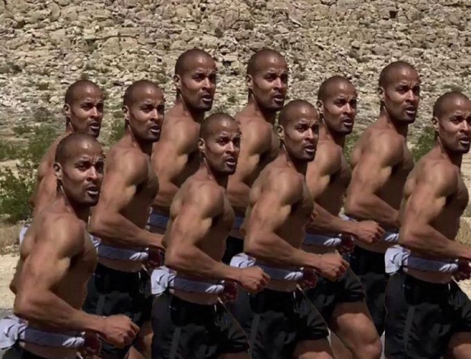A shirtless, muscular man appears multiple times in the image, arranged in a staggered formation resembling a running or marching line, set against a rocky hillside. The repetitive, synchronized poses likely serve as a humorous visual metaphor for the relentless, repetitive nature of the PGF's buyback activity mentioned in the post.
