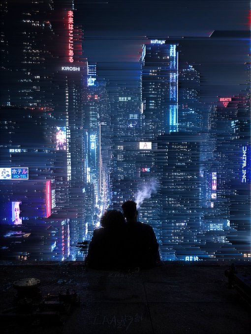 Two silhouetted figures sit looking out at a sprawling cyberpunk cityscape at night, illuminated by neon signs including "KIROSHI" and Japanese text.