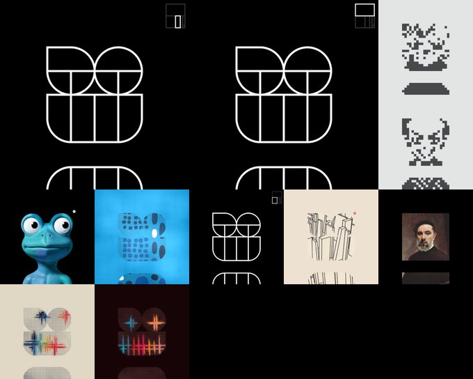 A collage of various images including a blue 3D frog character, pixelated figures, geometric line-art logos, and a small portrait of a dark-haired man in a striped shirt.