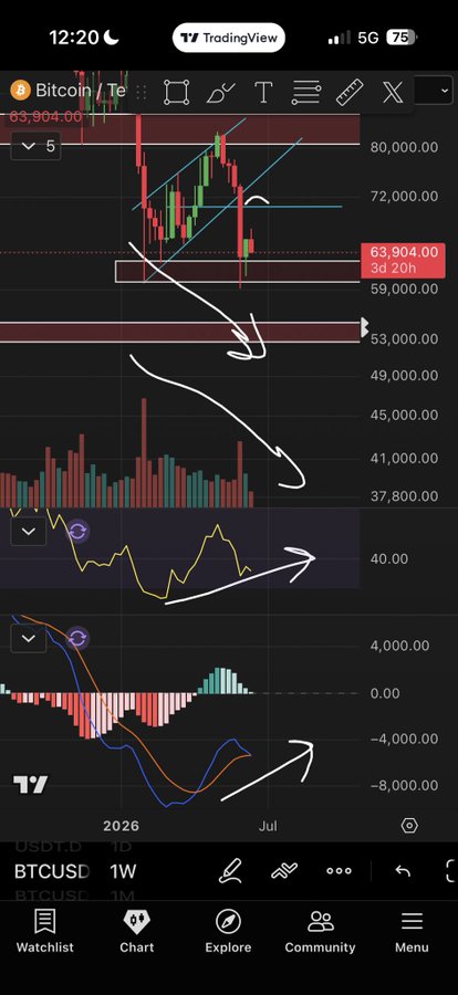 A TradingView Bitcoin (BTCUSD) weekly chart from June 2025 showing price action around $63,904, with hand-drawn arrows pointing downward toward $53,000-$59,000 support levels and bullish divergence signals on the RSI and MACD indicators, illustrating how the market setup favored long positions over shorts at the time.