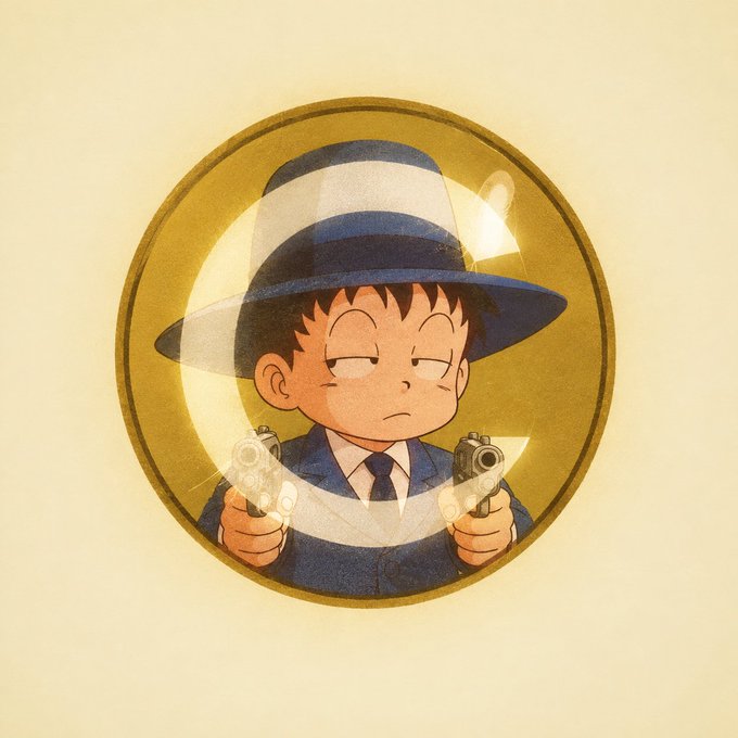 An anime-style illustration depicts a character in a blue suit and hat holding two guns, encased within a golden circular frame resembling a snow globe or button.