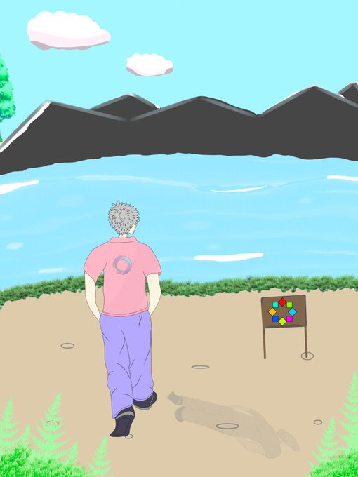 An anime-style illustration of a person with gray hair in a pink shirt walking toward a lake with mountains in the background, passing a small sign with a colorful flower symbol on the shore.