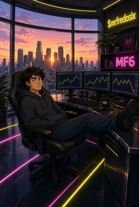 An anime-style illustration shows a young man in dark clothing reclining in a gaming chair before multiple monitors displaying stock charts, with a '$mrfredosix' neon sign and 'MF6' logos, overlooking a city skyline at sunset.
