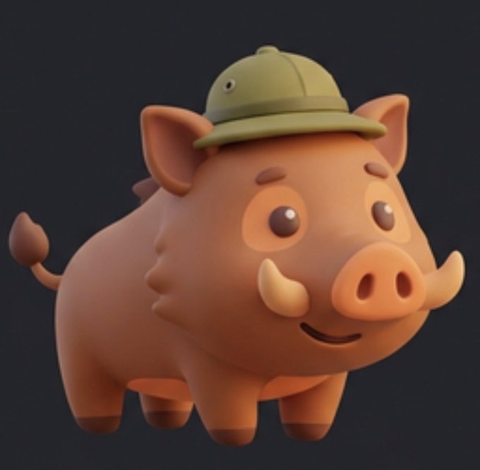 A 3D-rendered cartoon wild boar character wearing a green safari hat, displayed against a dark background.