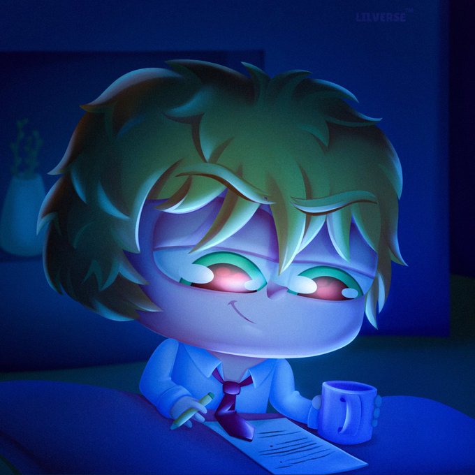 A chibi-style character with green hair and glowing pink eyes sits at a desk with a mug and paper, the caption "LILVERSE®" visible in the top right—suggesting the WL (whitelist) spot they're after belongs to this Lilverse NFT project.