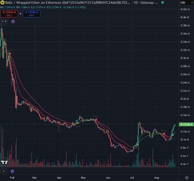 A TradingView chart showing 'Rekt / Wrapped Ether on Ethereum' with a price of 0.1374e-6, displaying a long downward trend with 'Bull' and 'Bear' indicators from February to August.